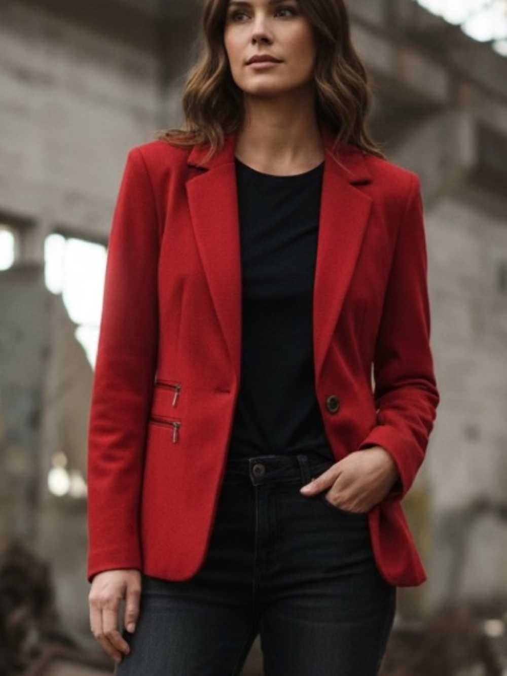 ANNE KLEIN blazer,size 10, soft knit, red-pink, zip pockets, one button closure